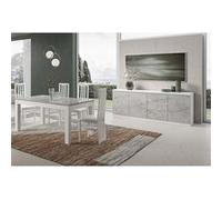 DEYTON - Ensemble Séjour Blanc et Gris Marbré Table 160cm + Buffet 3 Portes -