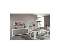 DENAE - Ensemble Séjour Blanc et Gris Marbré Table 160cm + Buffet 4 Portes -