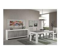 DENAE - Ensemble Séjour Blanc et Gris Marbré Table 160cm + Buffet 4 Portes -