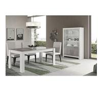 DENAE - Ensemble Séjour Blanc et Gris Marbré Table 160cm + Vitrine 4 Portes avec Leds -