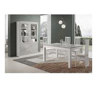 DEYTON - Ensemble Séjour Blanc et Gris Marbré Table 160cm + Vitrine avec Leds -