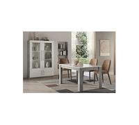 CLARK - Ensemble Séjour Blanc et Marbre Table 160cm + Vitrine 4 Portes avec Leds -