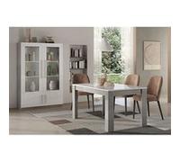CLARK - Ensemble Séjour Blanc et Marbre Table 160cm + Vitrine 4 Portes avec Leds -