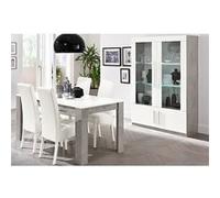 CLARK - Ensemble Séjour Blanc et Marbre Table 190cm + Vitrine 4 Portes avec Leds -