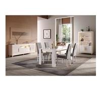 JEMMA - Ensemble Séjour Complet Blanc Décor Doré Table 160cm + Buffet et Vitrine avec Leds -