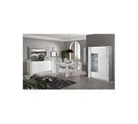 PRAVA - Ensemble Séjour Complet Blanc et Effet Marbre Table 160cm + Buffet et Vitrine avec Leds -