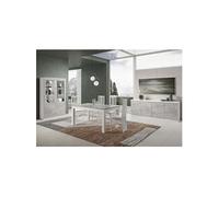 Ensemble Séjour Complet Blanc et Gris Marbré Table 160cm + Buffet + Vitrine avec Leds - DEYTON -