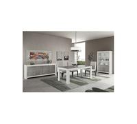 DENAE - Ensemble Séjour Complet Blanc et Gris Marbré Table 190cm + Buffet + Vitrine Leds -