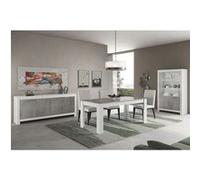 DENAE - Ensemble Séjour Complet Blanc et Gris Marbré Table 190cm + Buffet + Vitrine Leds -