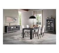 GUEDA - Ensemble Séjour Complet Effet Marbre Anthracite Table 190cm + Buffet et Vitrine avec Leds -