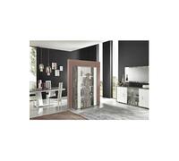 Ensemble Séjour Complet Laqué Blanc et Effet Bois Taupe - DENYS -