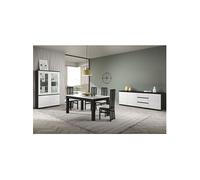 Ensemble Séjour Complet Laqué Noir et Blanc Table 160cm + Buffet + Vitrine avec Leds - DEYTON -