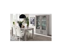 CLARK - Ensemble Séjour Effet Marbre Table 190cm + Vitrine 4 Portes avec Leds -