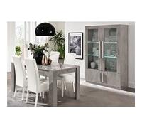 CLARK - Ensemble Séjour Effet Marbre Table 190cm + Vitrine 4 Portes avec Leds -