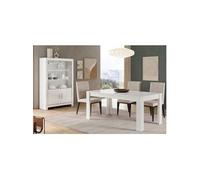 Ensemble Séjour Laqué Blanc Brillant Table 190cm + Vitrine 4 Portes avec Leds - DENAE -