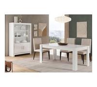 DENAE - Ensemble Séjour Laqué Blanc Brillant Table 190cm + Vitrine 4 Portes avec Leds -
