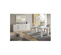 CLARK - Ensemble Séjour Laqué Blanc Table 160cm + Buffet 4 Portes -