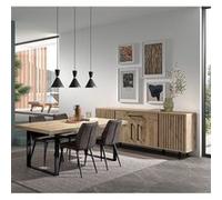 ROMY - Ensemble Séjour Table 230cm et Buffet 4 Portes Aspect Bois Effet Tasseaux -