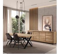 Ensemble séjour table repas 200cm piètement X + buffet aspect bois finition Hudson Oak - URIDSON