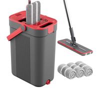 Ensemble Serpillère et Seau à 3 Compartiments, Séparation Eau Propre/Sale, 3 Housses Microfibre, Gris et Rouge