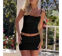 Ensemble sexy 2 pièces printemps/été, tissu texturé élastique, débardeur à perles et mini-jupe moulante, convient pour les vacances, les rendez-vous et le port quotidien, noir élégant, soirée entre fi