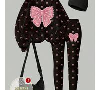 Ensemble SHEIN pour jeunes filles, haut à manches longues avec nœud mignon et pantalon imprimé intégral, tenue de sport d'automne pour l'école, ensemble sweat-pantalon et leggings 6Y,7Y,4Y,5Ygraphique