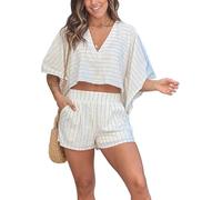 Ensemble short 2 pièces pour femme - Costume d'été confortable à rayures Dolman à manches courtes et col en V court et short élastique taille haute assorti avec poches - Vêtement de détente