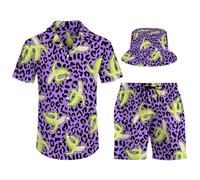 Ensemble short 3 pièces pour homme - Tenue de vacances hawaïenne - Chemise et short - Style décontracté - Ananas - Plage - Avec chapeau bob, L