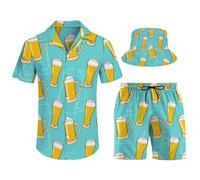 Ensemble short 3 pièces pour homme - Tenue de vacances hawaïenne - Chemise et short - Style décontracté - Ananas - Avec chapeau cloche, Bière., XXL