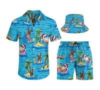 Ensemble short 3 pièces pour homme - Tenue de vacances hawaïenne - Chemise et short - Style décontracté - Ananas - Plage - Avec chapeau bob, Père Noël., XL