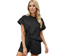 Ensemble Short Deux PièCes Femme,Ensemble Deux PièCes à Carreaux Pour Femmes Manches Larges Taille Couleur Unie à La Mode Texture DéContractéE Cordon De Serrage Short à Manches Courtes