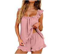 Ensemble short en satin pour femme avec haut court à franges et sans manches deux pièces, rose vif, S