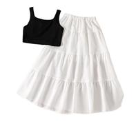 Ensemble Short Enfant Fille 8-13 ans Débardeur Crop Top Et Jupe Longue Vetements Ado Fille Chic pas Cher Fashion Confortable Elegant Bapteme Soirée Casual Plage Vacances (Black, 11-12 Years)