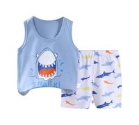 Ensemble Short Enfant Garçon Age 0-6 ans Débardeur sans Manches Et Short Bebe Garçon Ample Pas Cher Chic Confortable Mignon Dessin Animé Fashion Casual Jogging Vacances (Light Blue, 12-18 Months)