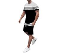 Ensemble short et chemise de sport pour homme - Ensemble de pyjama rayé deux pièces - Ensemble de course à pied - Vêtements de sport d'été - Col rond - Manches courtes - Haut musculaire avec pantalon