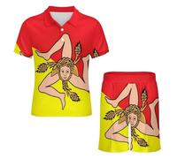 Ensemble Short Et Polo À Manches Courtes pour Homme 2 Pièces Idéal pour L'Été Tenue Décontractée De Plage Imprimé Drapeau Sicilien Amusant Vêtement D'Intérieur Respirant