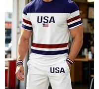 Ensemble short et t-shirt à imprimé tricolore du drapeau américain pour hommes, tenue décontractée d'été en 2 pièces, élément essentiel de la personnalité américaine L,M,S,XL,XS,XXLRayéTissu tricoté