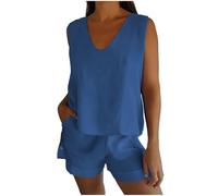 Ensemble Short Femme Ete Chic Et Elegant Lin Et Coton 2 pièces Lâche Respirant T-Shirt + Short Soldes D'Été Survêtement de Plage Tenue de Sport Loungewear Survetement de Jogging Outfit Sportswear