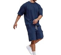 Ensemble Short Tee Shirt Coton Homme Deux Pièces Survêtement Manche Courte Décontractée D'affaire Casual Chemises Taille Élastique Respirant Séchage Rapide Plage Pantalon Court Hauts Tenues, XL