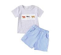 Ensemble Short Tee Shirt Tout-Petits Garcon 3 Mois-3 Ans T-Shirts à Manches Courtes+Short à Carreaux Imprimé Dessin Animé Ensemble Ete Garcon Pyjama Tout-Petits (2-Grey, 6-12 Months)