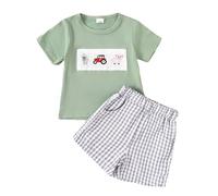 Ensemble Short Tee Shirt Tout-Petits Garcon 3 Mois-3 Ans T-Shirts à Manches Courtes+Short à Carreaux Imprimé Dessin Animé Ensemble Ete Garcon Pyjama Tout-Petits (1-Green, 6-12 Months)