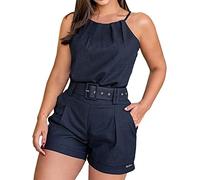 Ensemble Shorts et Débardeur pour Femmes avec Ceinture Poche Solide Bureau Mode (Blue, S)