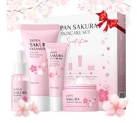 Ensemble Soin du Visage Fleur de Cerisier, Coffret Skincare Cadeau 4 Pcs | Comprend Nettoyant, Sérum, Soin Nourrissant Yeux, Crème Hydratante. Coffret Cadeau d'Anniversaire pour Ado Fille et Femmes