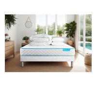 Ensemble sommier matelas 160x200 Bodyone Mousse HD micro alvéolé - 19 cm - Très ferme - sommier blanc + 2 oreillers + couette