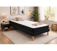 Ensemble Sommier Tapissier et Matelas 90x200 cm - Couleur : Noir - Sommier Déhoussable avec Pieds 20 cm, Structure Robuste et Lattes Multiplis - Matelas Latex Accueil Moelleux Soutien Ferme -