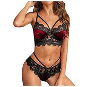 Ensemble sous Vetement Femme Rouge Pyjama Noel Sexy sous Vêtement Noir Dentelle Tenue Sexy Porte Jartelle Body Noël Femme Pyjama Femme Lingerie 3 Pièces sous Vetement De Femme Body en Velour