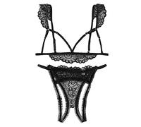 Ensemble sous Vetement Femme Sexy érotique Sein Nu Soutien Gorge sans Armature Dentelle Dos Nu Tanga String Ouvert à l'entrejambe Femme Transparente Tenue Lingerie Coquine Hot (Black, L)