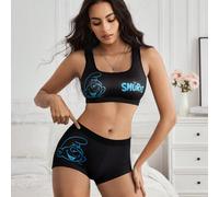 Ensemble soutien-gorge de sport et culotte avec imprimé lettre noir et bleu et imprimé mignon de dessin animé, décontracté, yoga, basique pour femme L,M,S,XL,XSCartoon,LettresÉtoffe