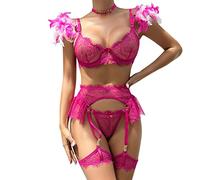 Ensemble Soutien-Gorge et String Sexy Femmes Mode Couleur Unie Plumes Dentelle détachable Dentelle chaîne en métal 6 pièces sous-vêtements Sexy Serre-Taille Lingerie Sexy (A, S)