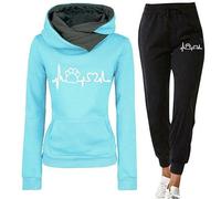 Ensemble Sport Décontracté Automne Hiver Femme Sweat à Capuche Imprimé Rythme Cardiaque et Patte de Chien Pantalon Tenue Casual Confortable Look Animalier(Blue, L)